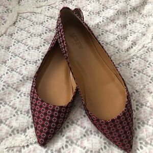 J. Crew Red and Black Patterned Pointed-Toe Flats size 10.